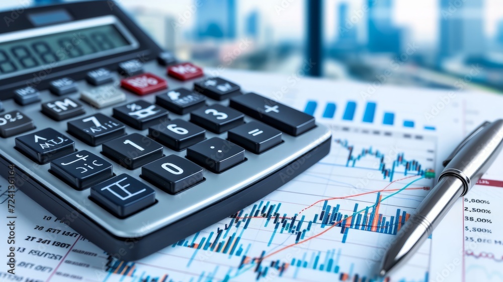 A calculator and pen on top of financial graphs A calculator and pen on top of financial graphs