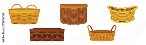 Wicker Basket as Handmade Straw Container with Handle Vector Set