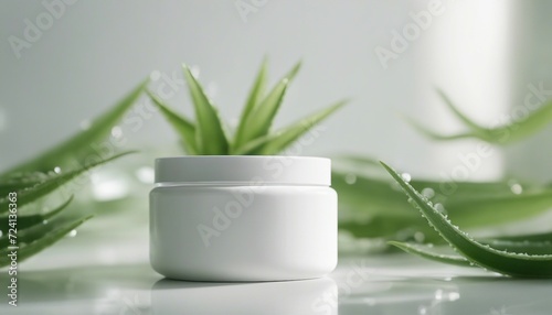 empty cosmetic cream container and near the decorative aloe vera plant in white color