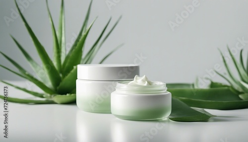 empty cosmetic cream container and near the decorative aloe vera plant in white color

