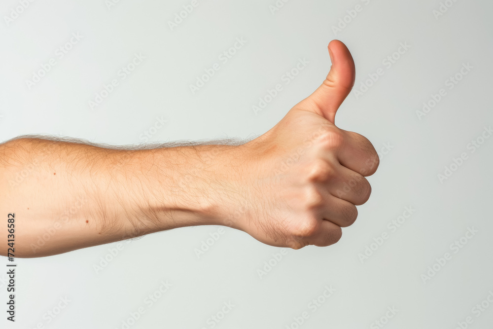 Thumbs up gesture on white. Background with selective focus and copy space Thumbs up gesture on white. Background with selective focus and copy space