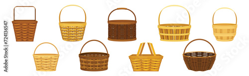 Wicker Basket as Handmade Straw Container with Handle Vector Set