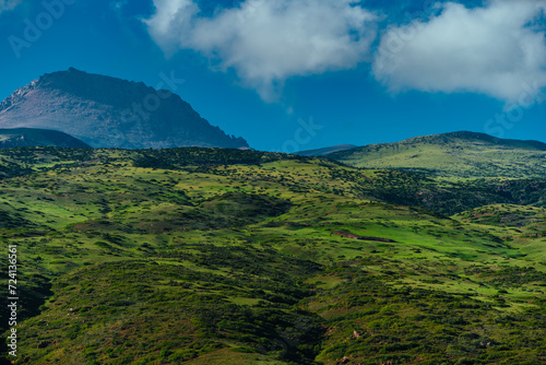 Picturesque mountain valley with green hills in summer