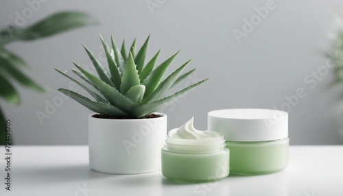 empty cosmetic cream container and near the decorative aloe vera plant in white color  