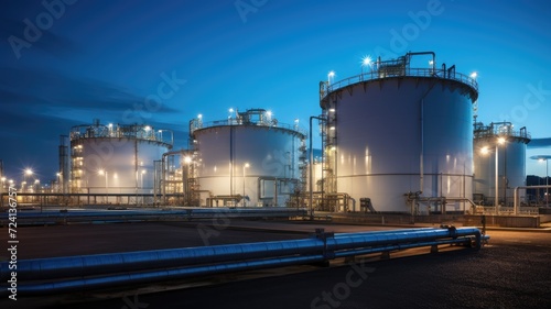 An oil refinery is seen at night, brightly lit with lights, showcasing the industrial activity and energy production.
