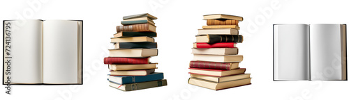 Book Set: Empty Opened Book, Stack of Books, Isolated on Transparent Background, PNG