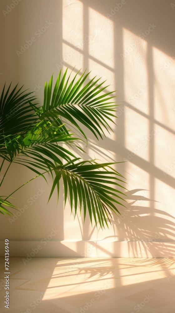 Fototapeta premium Sunlight shining through a window onto a palm tree