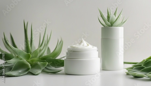 empty cosmetic cream container and near the decorative aloe vera plant in white color  isolated light green background 