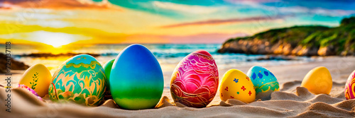 Easter eggs on the beach. Selective focus. photo