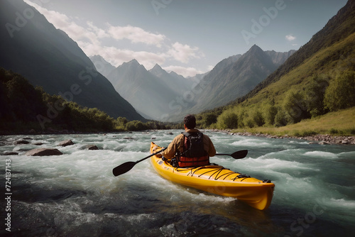 Man paddling kayak boat on a river with mountain landscape, kayaking, canoeing adventure during summer vacation, traveling with copyspace.