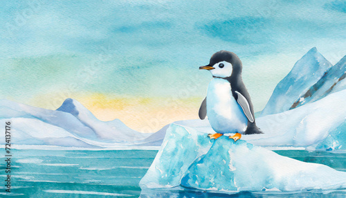 A flat illustration with a baby penguin on an iceberg. The concept of wildlife