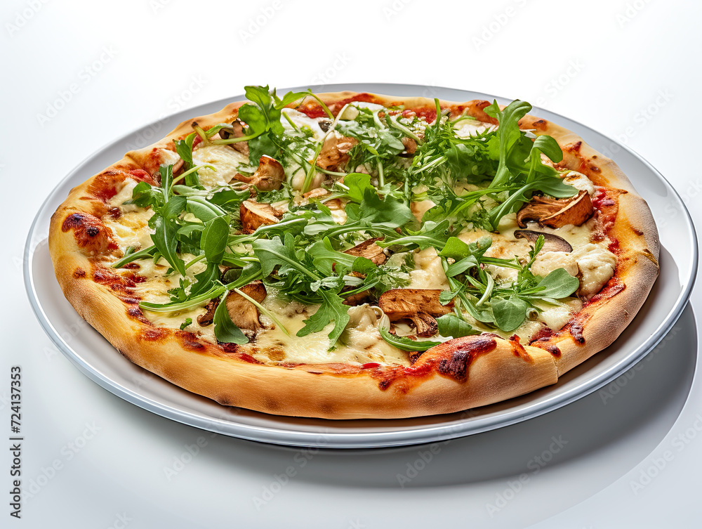 Knusprige Pizza aus dem Holzofen, freigestellt vor neutralem Hintergrund, Generative AI