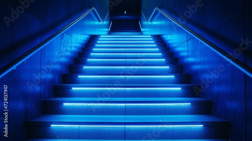 Blue light casting a glow on a futuristic staircase, creating a path forward