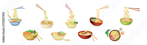 Ramen Soup Noodles Bowl as Asian Traditional Cuisine Dish Vector Set