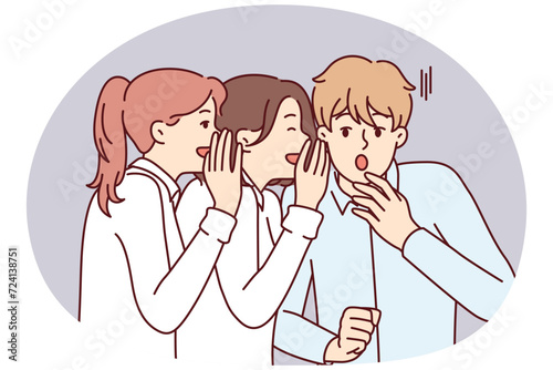 Young man is shocked by secret about colleagues or friends told by two girls. Women share hand-to-mouth gossip with guy or tell their boss about misconduct by other employees. Flat vector illustration