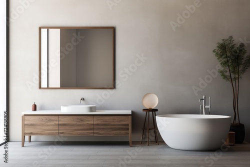 A well-lit bathroom featuring a spacious tub  a sleek sink  and a large mirror with ample counter space.