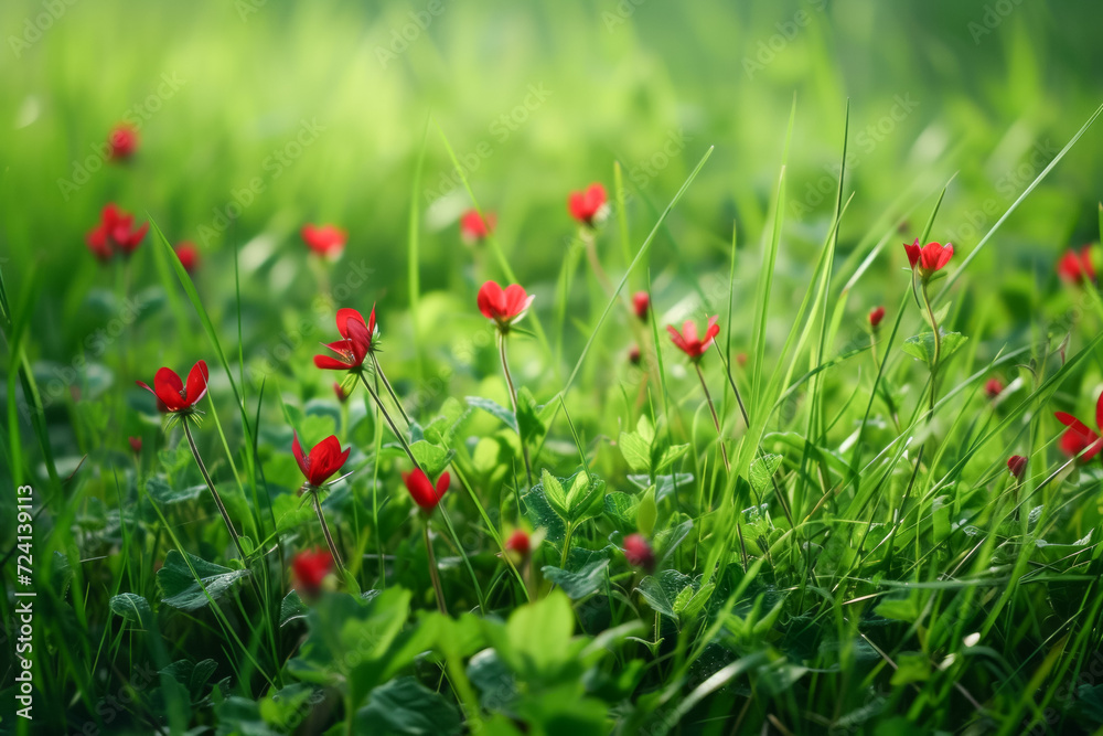 Spring field with wildflowers. Background with selective focus and copy space