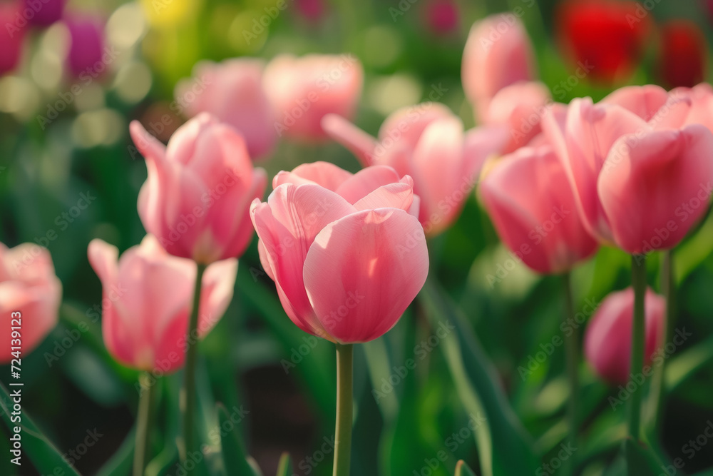 Spring tulips of the same color. Background with selective focus and copy space