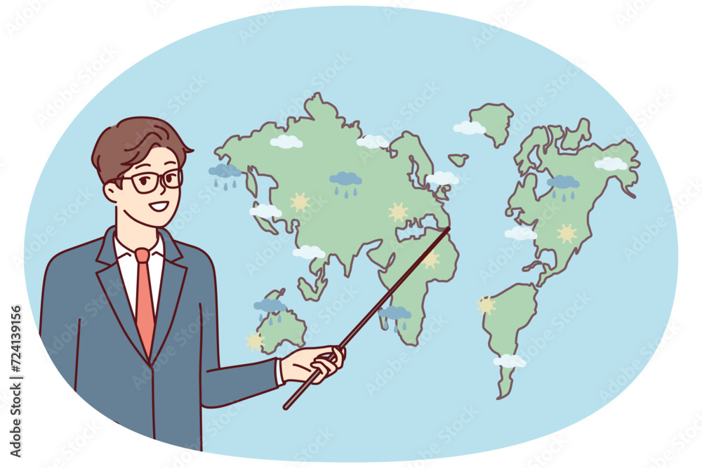 Man weather forecaster showing precipitation prediction map in different parts world. Guy in business clothes with pointer stands near continents for TV show about climate change. Flat vector design Man weather forecaster showing precipitation prediction map in different parts world. Guy in business clothes with pointer stands near continents for TV show about climate change. Flat vector design