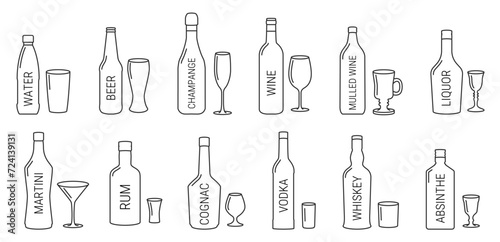 Bottles and drink glasses vector icons with titles. Set of editable line signs. Alcohol beverage symbols in linear style. Water, beer, wine, vodka, whiskey, cognac, martini and other spirits bottles.