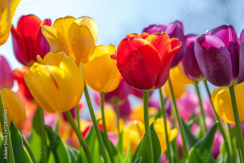 Spring tulips with blue sky. Background with selective focus and copy space