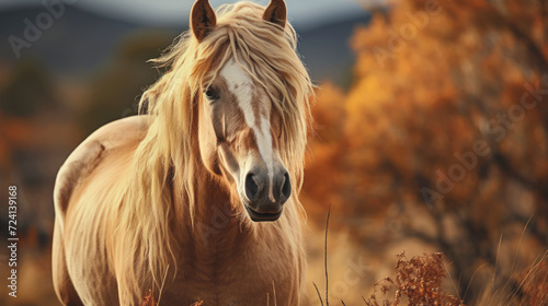 Majestic Palomino Horse in Autumn Scenery. Generative AI. photo