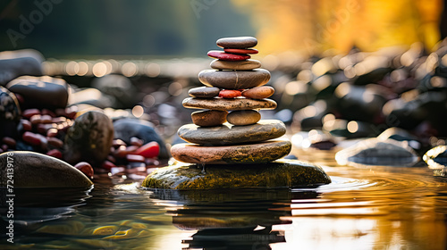 Experience the art of balance with rocks delicately stacked atop one another on moss covered stones.