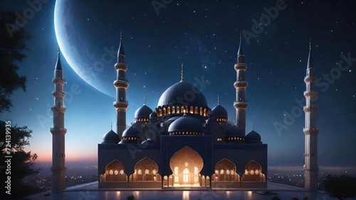 Big Mosque Silhouette Under Starry Night. Suitable for Ramadan concept, Islamic concept, Greeting card, Wallpaper, Background, Illustration, etc  © dreambender