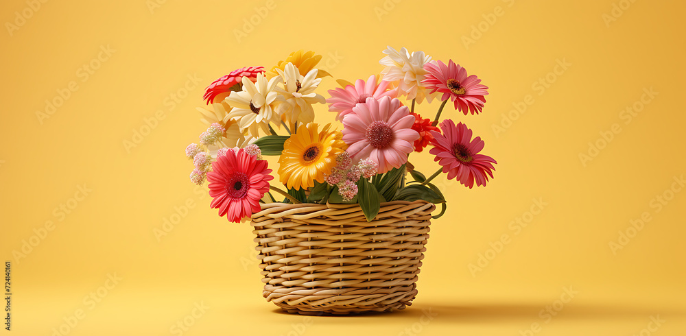 wicker basket containing colorful flowers sitting on 