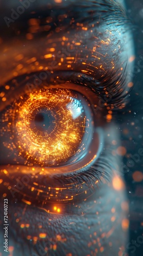 Close-up of human eye with glowing iris. 3D rendering. AI. © Alex Alex