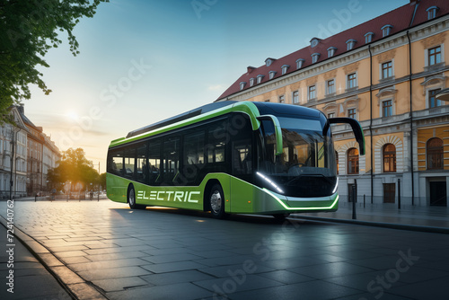 Green electric bus on a city street. Eco-friendly vision of urban transport for a sustainable and clean future photo