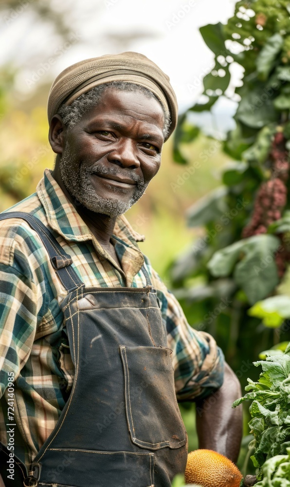 An african man in a hat and overalls holding a bunch of vegetables. Generative AI.