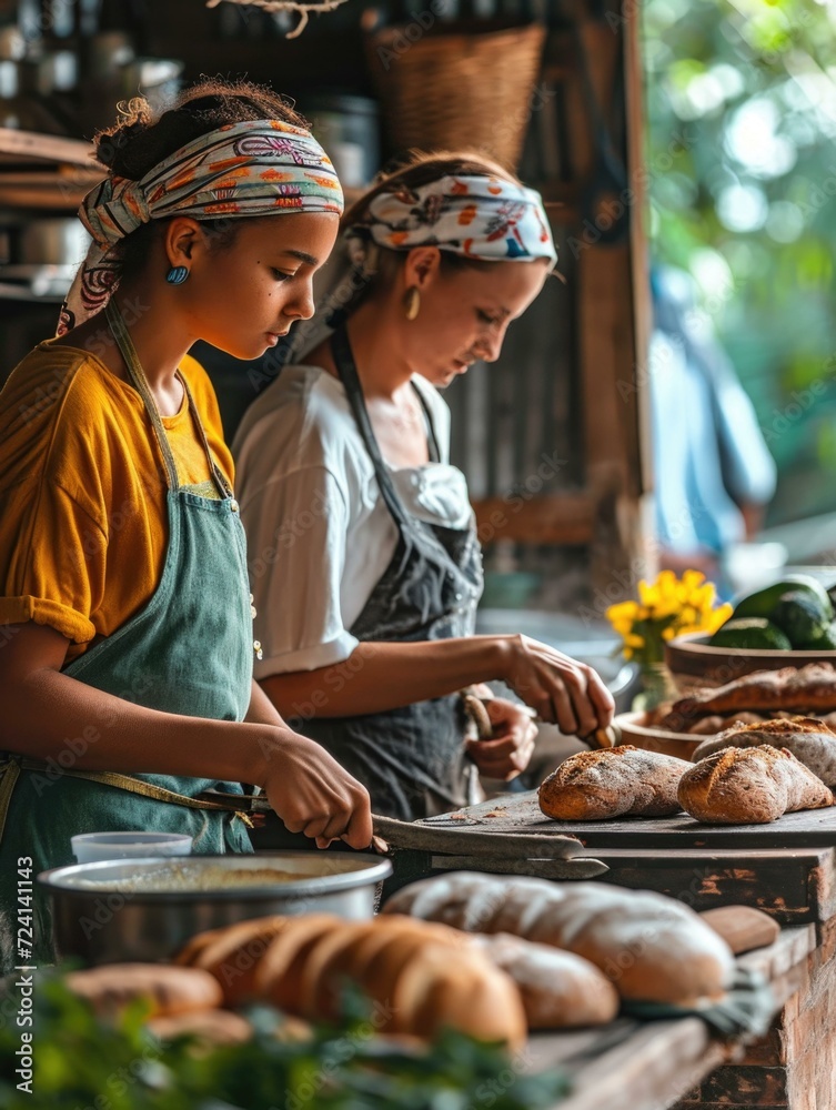Two women in aprons preparing bread in a kitchen. Generative AI.