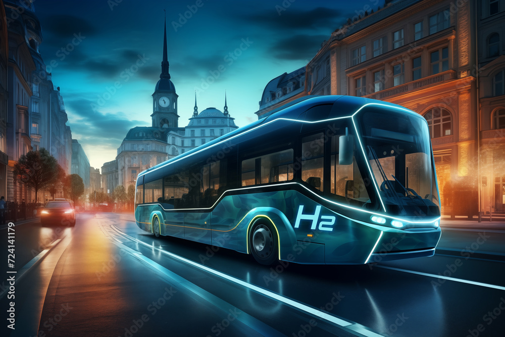 Futuristic hydrogen fuel cell bus on city street. A vision of sustainable urban transportation powered by clean energy