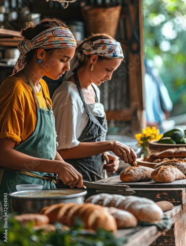 Two women in aprons preparing bread in a kitchen. Generative AI.