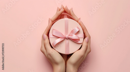 womans hands holding an oval pink gift box on pink ba