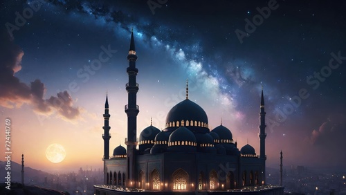 Starry Night Silhouette of a Big Mosque. Suitable for Ramadan concept, Islamic concept, Greeting card, Wallpaper, Background, Illustration, etc  © dreambender