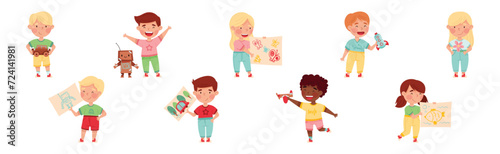 Creative Kids Showing Paper Drawing and Handcrafted Object Vector Set
