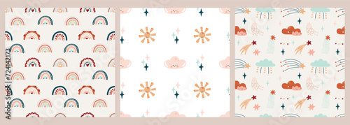 Cute set Bohemian seamless patterns with sun, rainbow, heart, clouds.