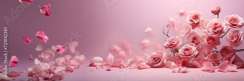 Beautiful roses on a pink background  shot for a postcard or poster. Generative AI