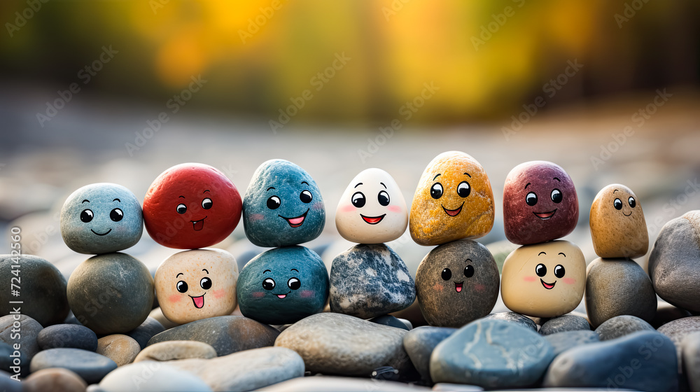 a stack of stones featuring a painted happy face against a nature background a stack of stones featuring a painted happy face against a nature background