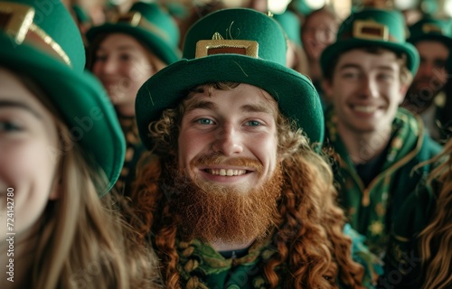 Man in Leprechaun Costume Celebrates. Man with a leprechaun beard smiling on St. Patrick's Day.
