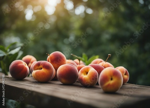 peaches picked from the garden on an old wooden table  