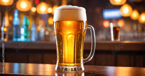 Glass of beer standing on a bar counter with a blurry background of lights in the background and bar lighting in the background, precisionism photo