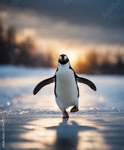 penguen running on ice to the camera, warm light
 photo