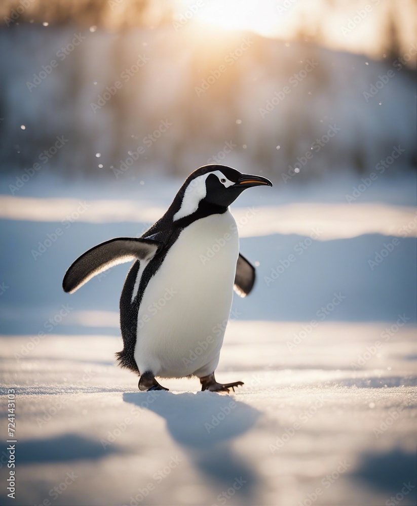 Fototapeta premium penguen running on ice to the camera, warm light 