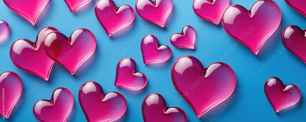 Pink glass transparent hearts valentines day abstract blue background and design backdrop pragma