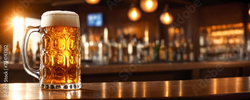 Glass of beer standing on a bar counter with a blurry background of lights in the background and bar lighting in the background, precisionism
