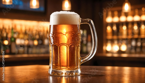 Glass of beer standing on a bar counter with a blurry background of lights in the background and bar lighting in the background, precisionism photo