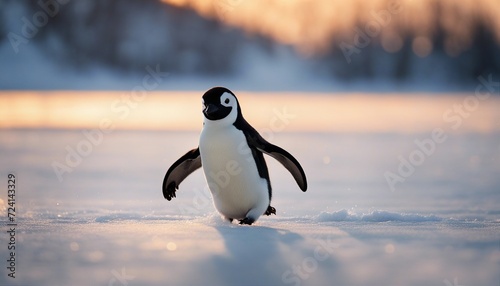 penguen running on ice to the camera  warm light 